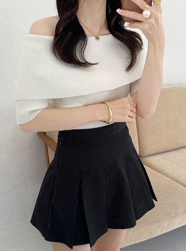 日本 GRL - 一字領羅紋顯瘦短袖上衣-白 (F)