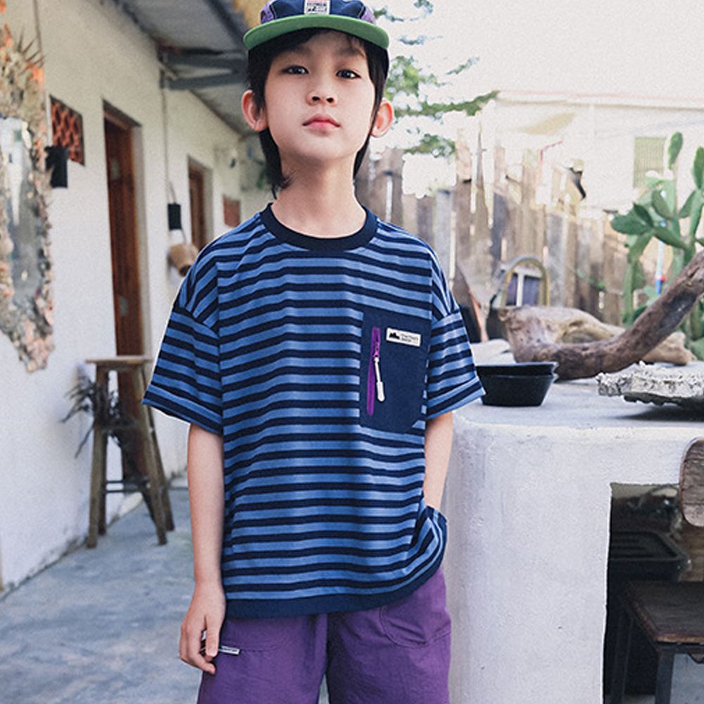 棉質圓領短袖上衣-口袋拉鏈-藍色條紋