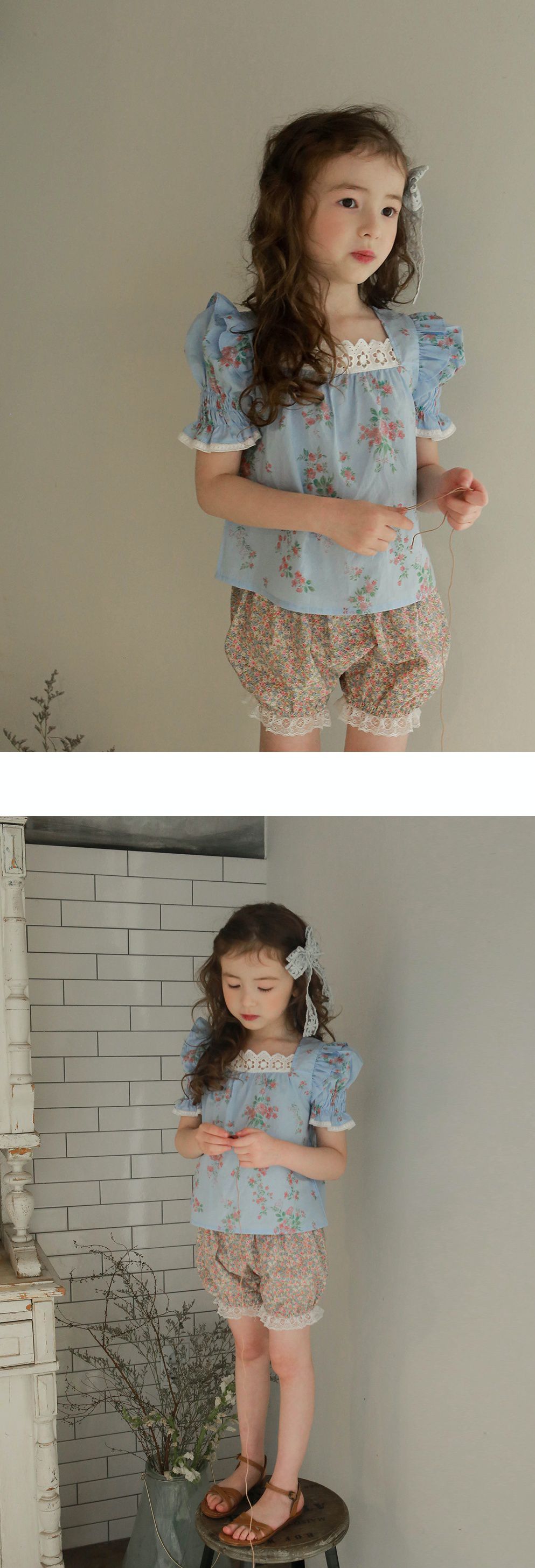 韓國 PuellaFLO - ㄩ字領公主袖花花上衣-天藍