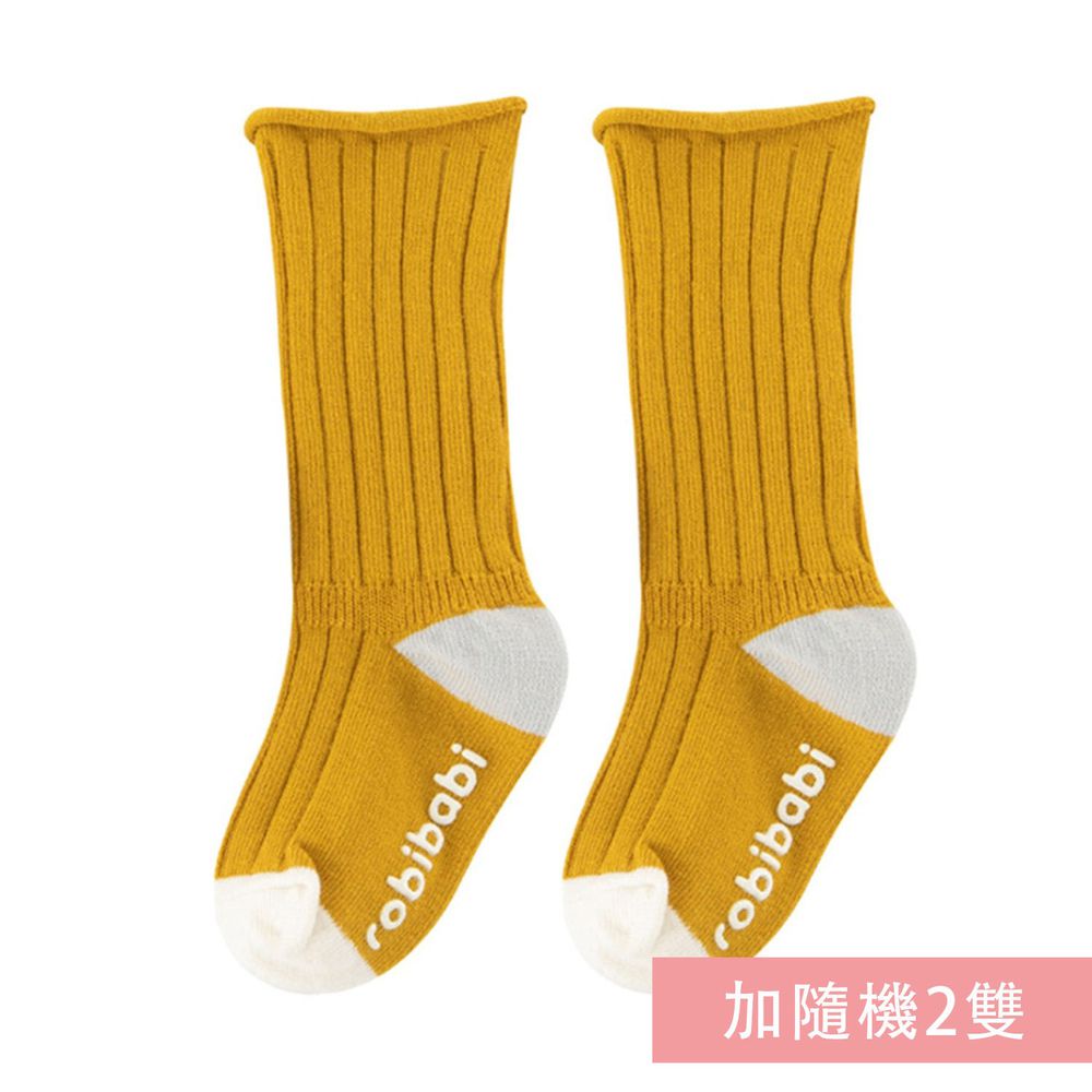 JoyNa - 簡約撞色 長筒鬆口薄襪(底部止滑)-3雙入-薑黃色+隨機2雙