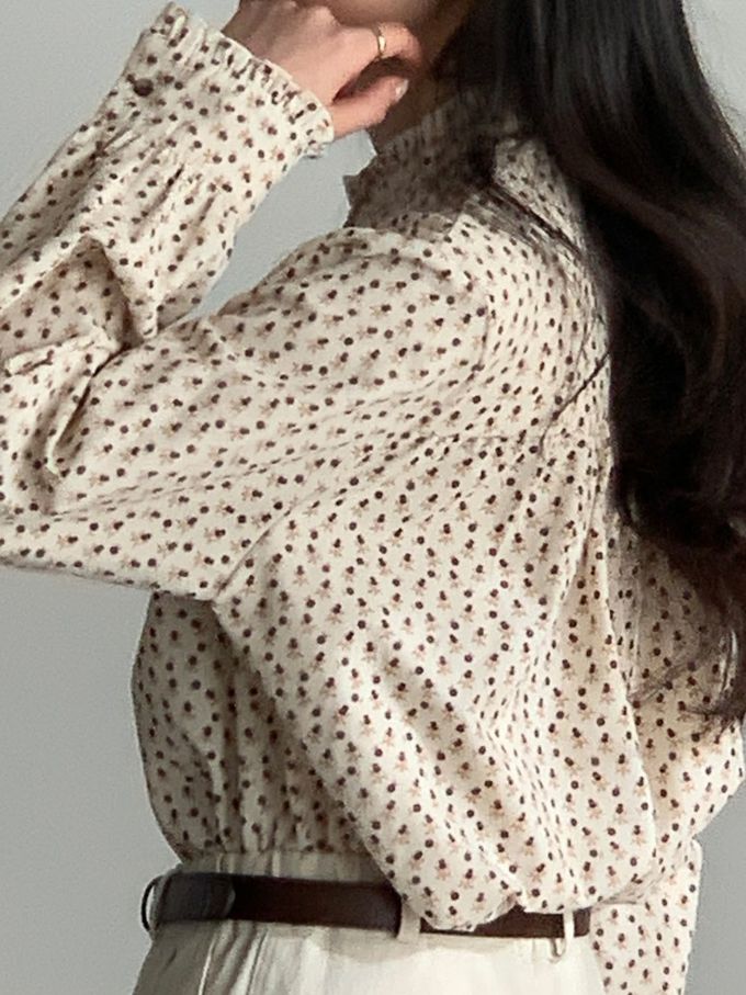 韓國女裝連線 - 滿版小花朵燈芯絨長袖襯衫-米 (FREE)