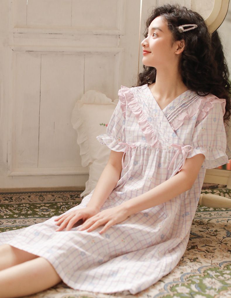 雙層棉紗布透氣短袖睡裙-小花格紋-粉紫色