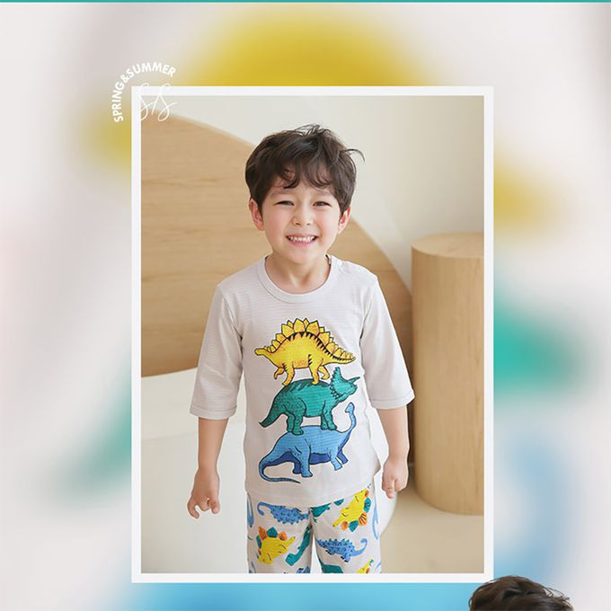 正韓 Puco - 超優質嬰幼兒/兒童七分袖100% 有機純棉家居服/睡衣-恐龍疊疊樂