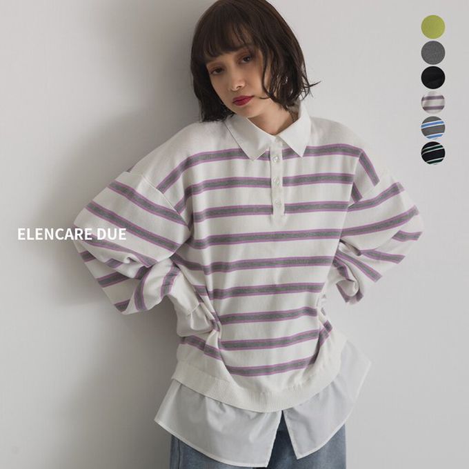 日本 ELENCARE DUE - 假二件襯衫領輕盈落肩長袖上衣-紫白條紋