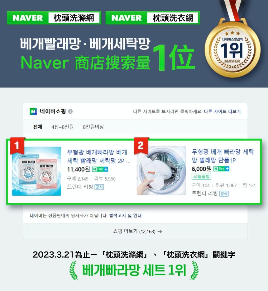 【BBARAMANG】在 Naver 是非常有人氣的商品！不僅在「枕頭洗衣網」關鍵字位列第 1，銷售量也是第 1！目前銷售累計破15萬，顧客滿意度高達97%！附上許多真實評價，讓人非常安心～