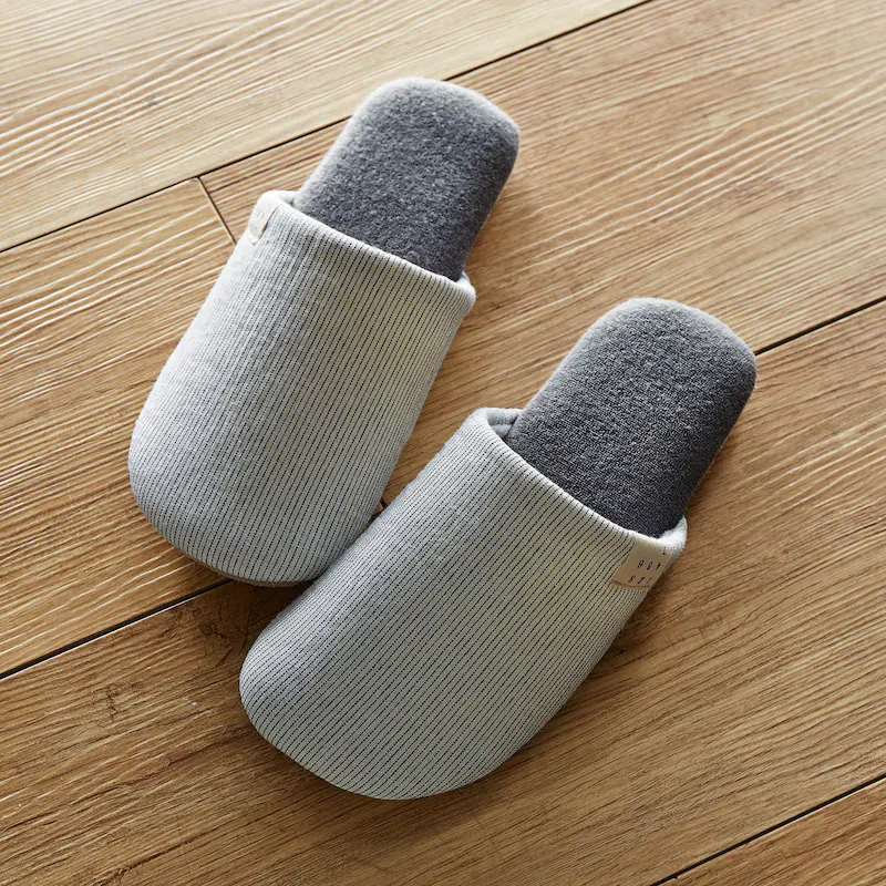 日本千趣會 - 棉麻質感無印風室內拖鞋-直條紋-灰杏