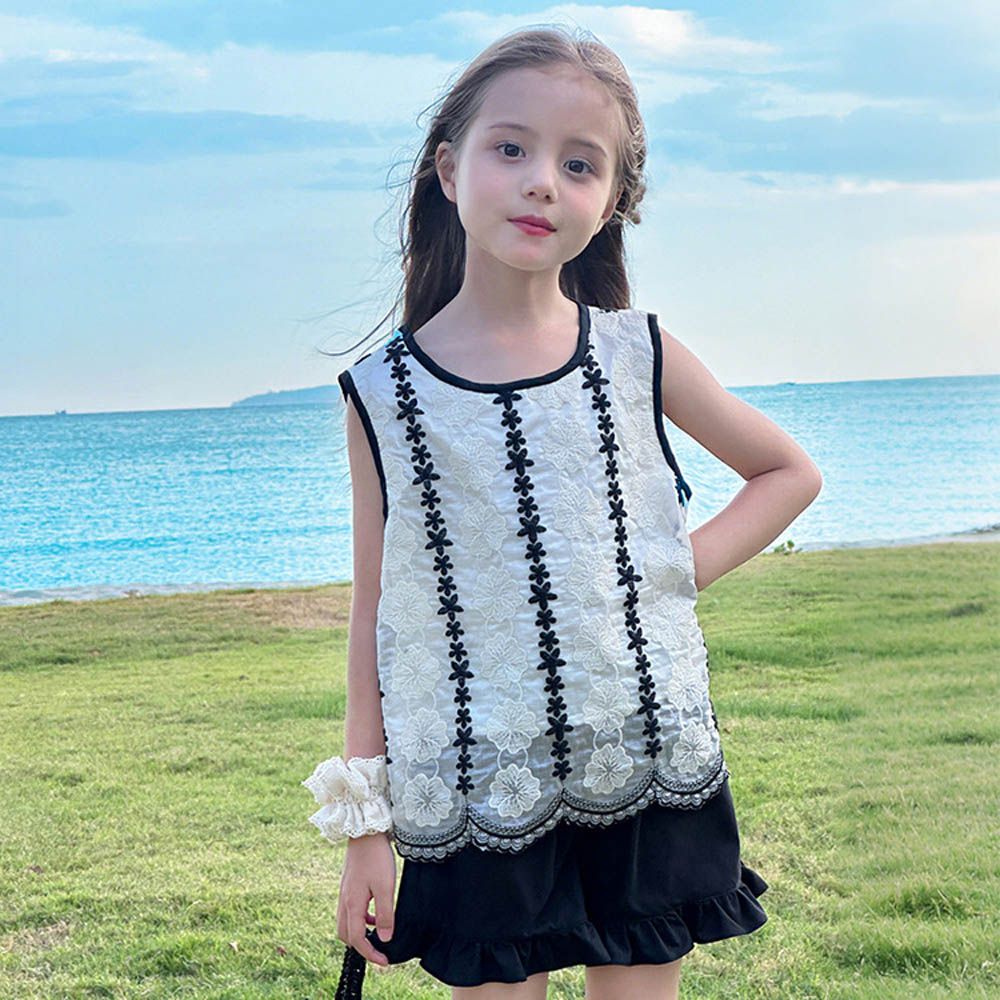 浪漫假日法式繡花背心+短褲套裝-白x黑