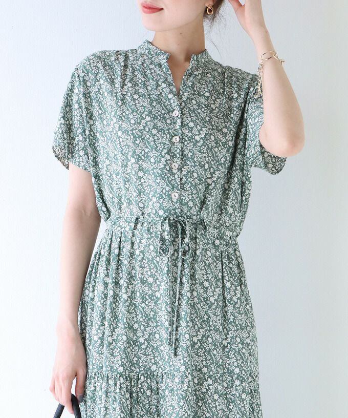 日本 BLUE EAST - 氣質小V領排釦短袖洋裝-素色-綠 (M(Free))