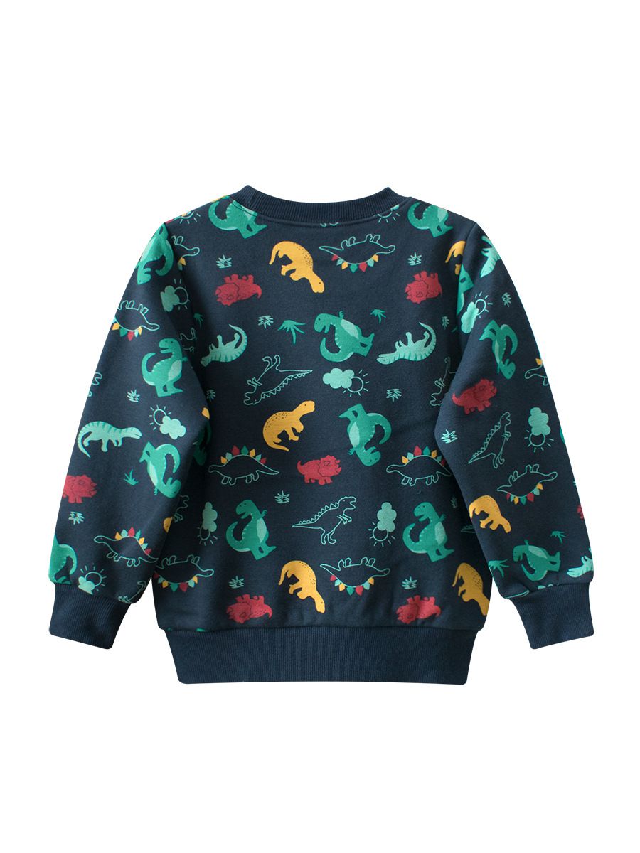 加絨棉質圓領長袖上衣/大學T-滿滿恐龍-深藍色
