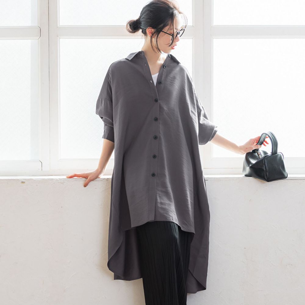 日本 COCA - 修身前短後長長版襯衫外套/洋裝-深灰