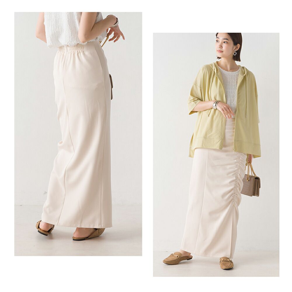 日本 OMNES - 優雅抽繩小開衩修身長裙-淺卡其