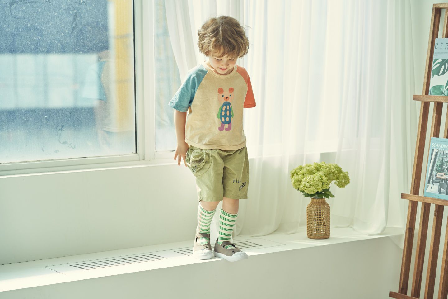 韓國 Mimico - 波波熊拼接色T-天藍X粉橘