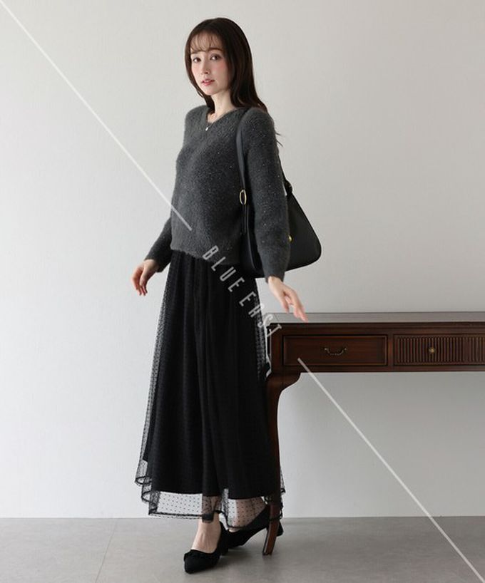 日本 BLUE EAST - 華麗雙層薄紗魅力長裙(可選長度)-格紋-海軍藍