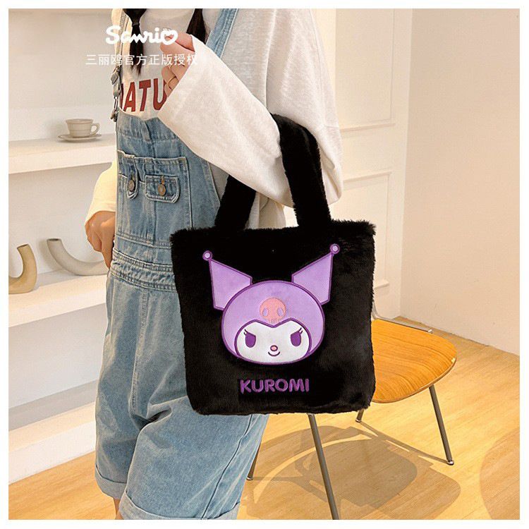 卡通毛茸茸大容量手提袋-卡通人物Hello Kitty-白色 (30x10x(27+17)cm)