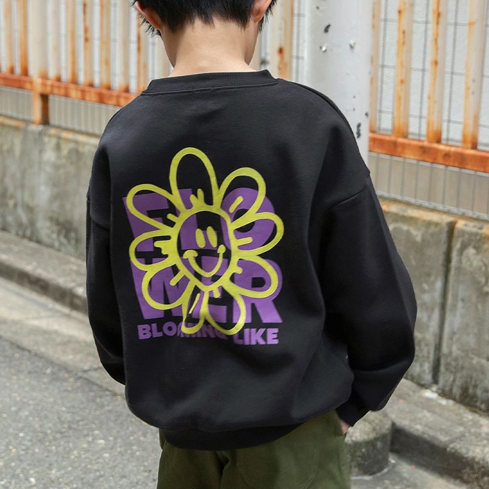 裏起毛 舒適縮口長袖上衣-微笑花朵-黑