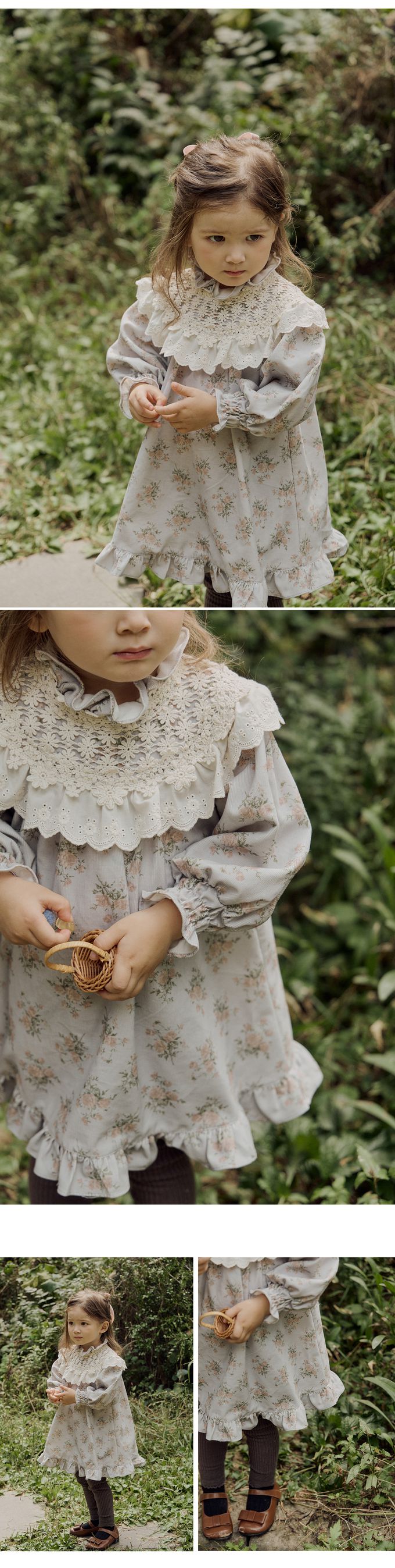 韓國 Puellaflo - 立體雕花領田園圖印連身洋裝-鐵灰