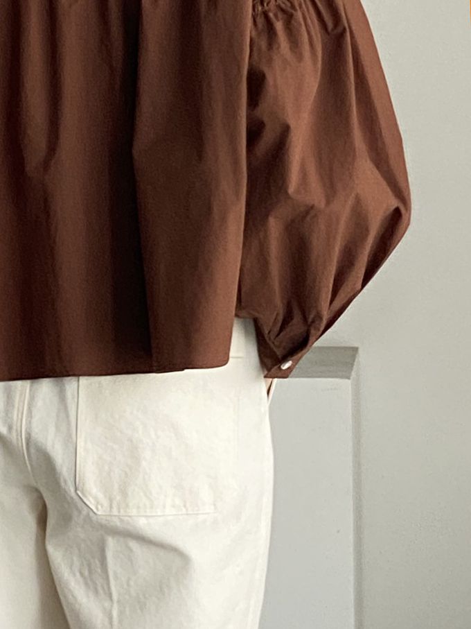 韓國女裝連線 - 極簡拼接翻領長袖襯衫-咖啡紅 (FREE)