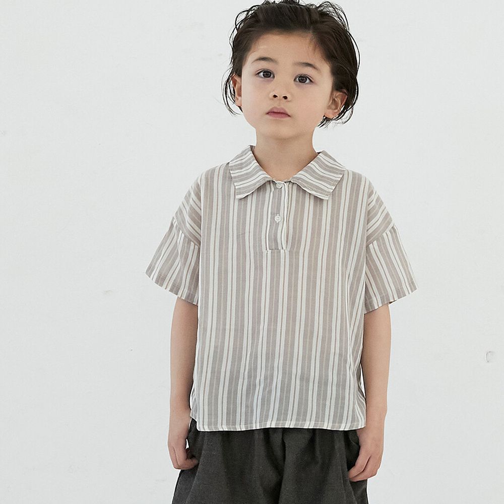 日本 riziere - 純棉復古直條紋短袖襯衫-杏