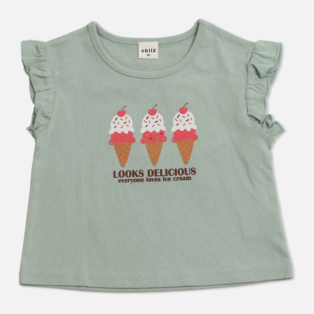 100%棉 荷葉邊女孩印花短袖上衣-冰淇淋-薄荷綠