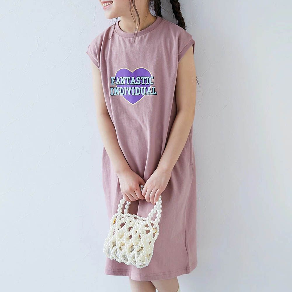 100%棉 俏麗印花無袖洋裝-愛心英文-粉紫