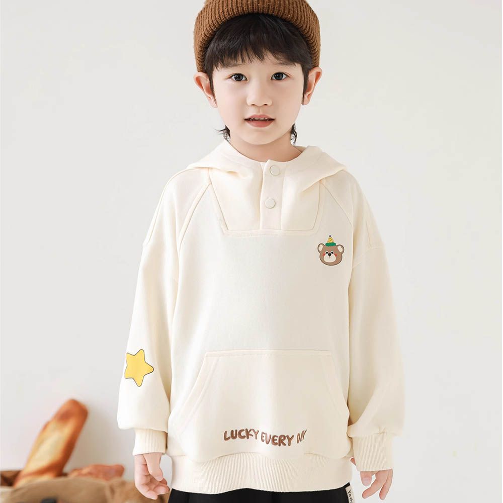 領口開扣連帽長袖上衣-動物印花-米杏