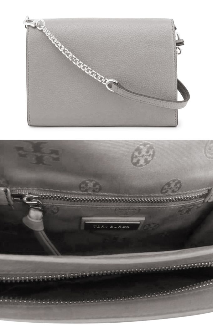 TORY BURCH - 雙TLOGO皮革斜背包-灰
