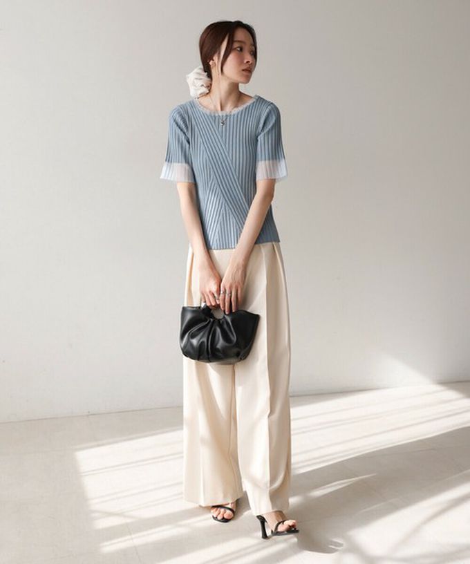 日本 Bab - 柔美異材質顯瘦羅紋五分袖上衣-炭灰