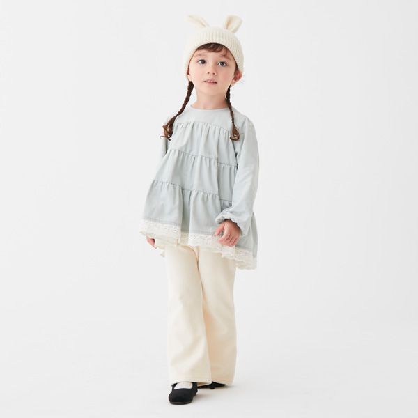 日本 petit main - 背後緞帶分層蛋糕長袖上衣-淺薄荷