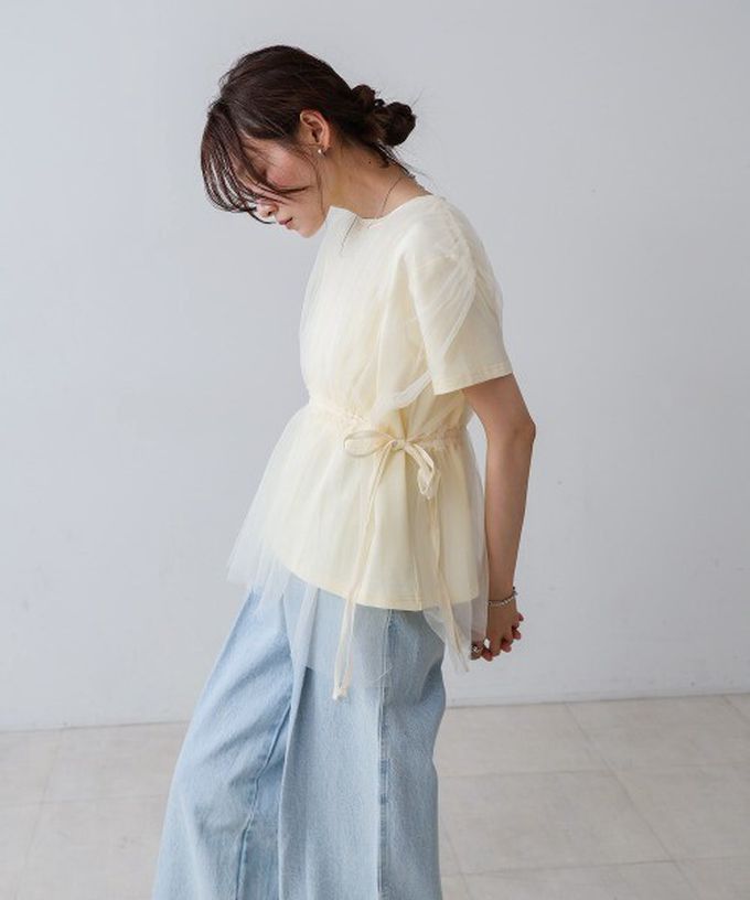 日本 Bab - 仙氣皺摺薄紗 腰綁帶短袖上衣-象牙黃