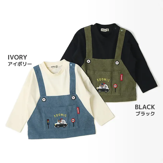 日本 ZOOLAND - 熊熊救援隊 燈芯絨吊帶拼接長袖上衣-警車-黑X軍綠