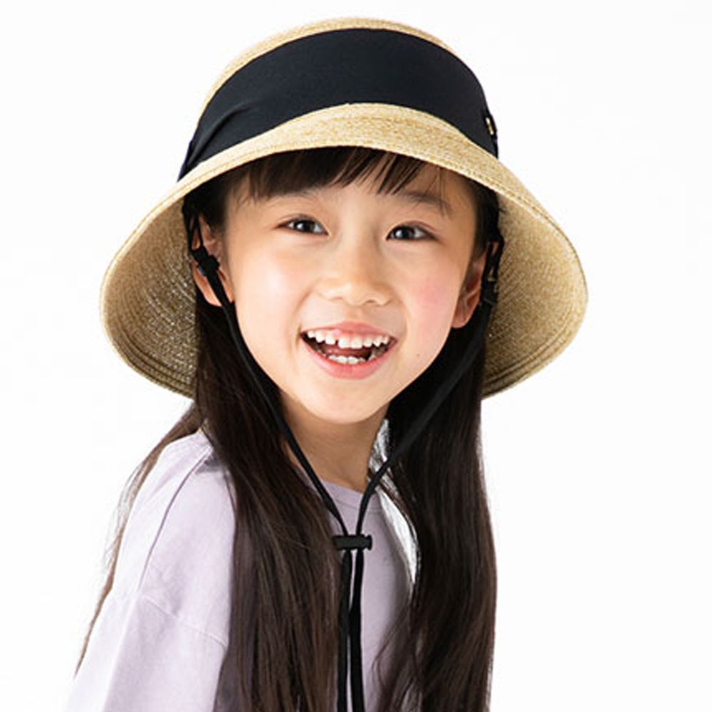 日本 irodori - 寬版緞帶雙鈕釦草帽(附防風帽帶)-兒童款-褐X黑 (54cm)