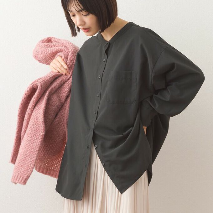 日本 OMNES - 柔滑科技棉 小立領長袖襯衫-黑