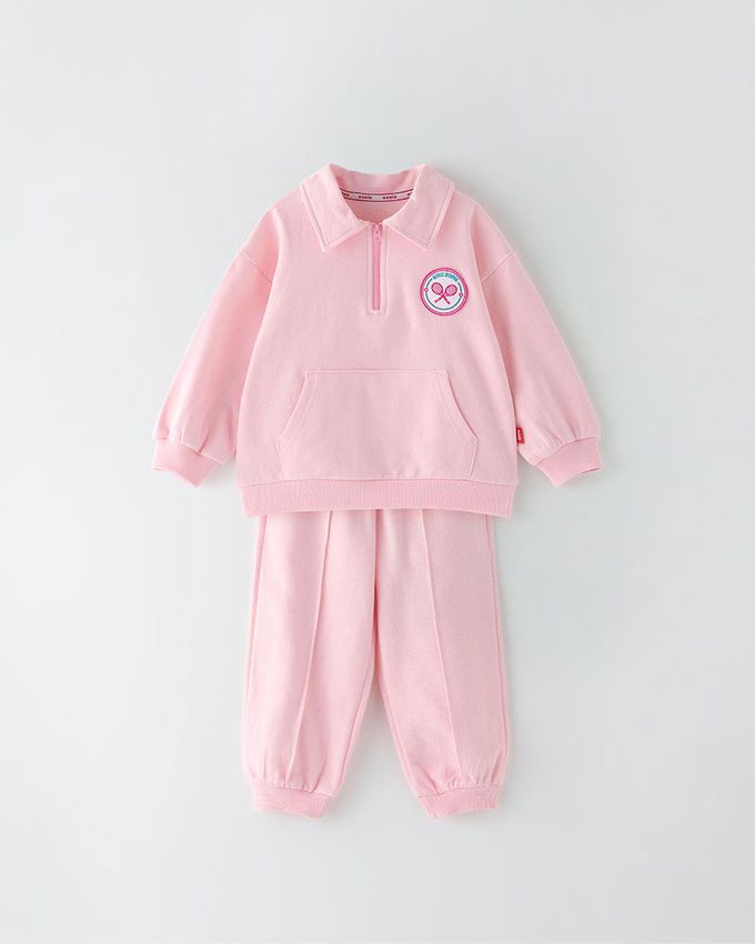 韓國 OZKIZ - 胸前徽章點綴休閒長袖套裝-粉