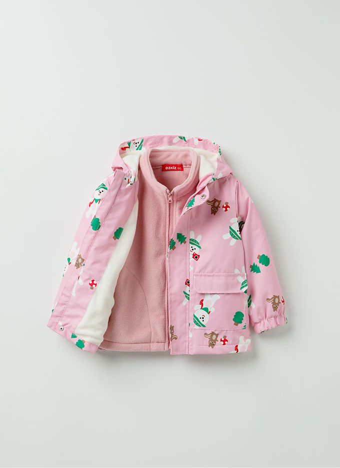 韓國 OZKIZ - (兩件式)防潑水搖粒絨連帽外套-郊遊兔兔-粉