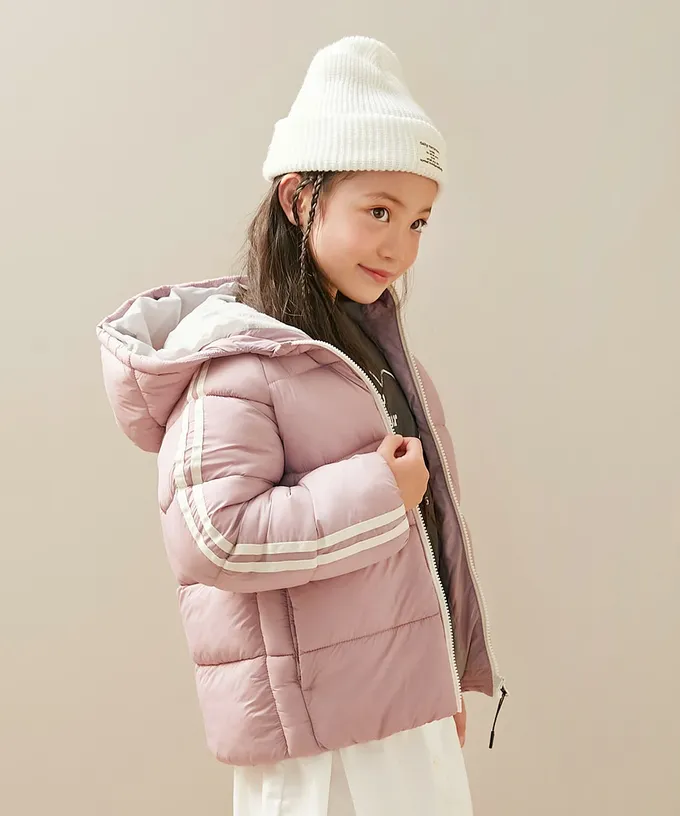 日本 devirock - 可機洗 輕量連帽保暖羽絨外套-袖子線條-粉紅