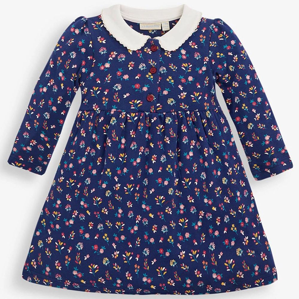 英國 JoJo Maman BeBe - 嬰幼兒/兒童100％純棉長袖洋裝-海軍藍花卉