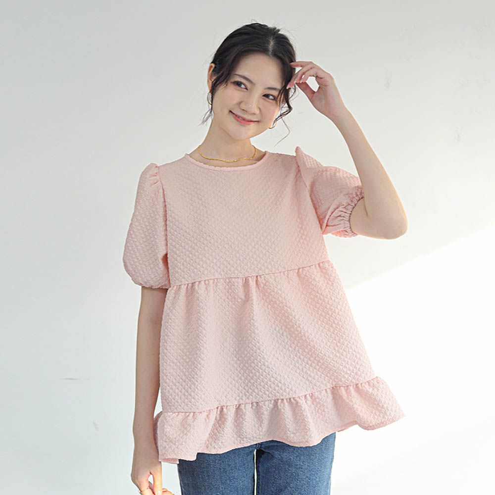 甜美減齡荷葉邊泡泡袖上衣-淺粉色
