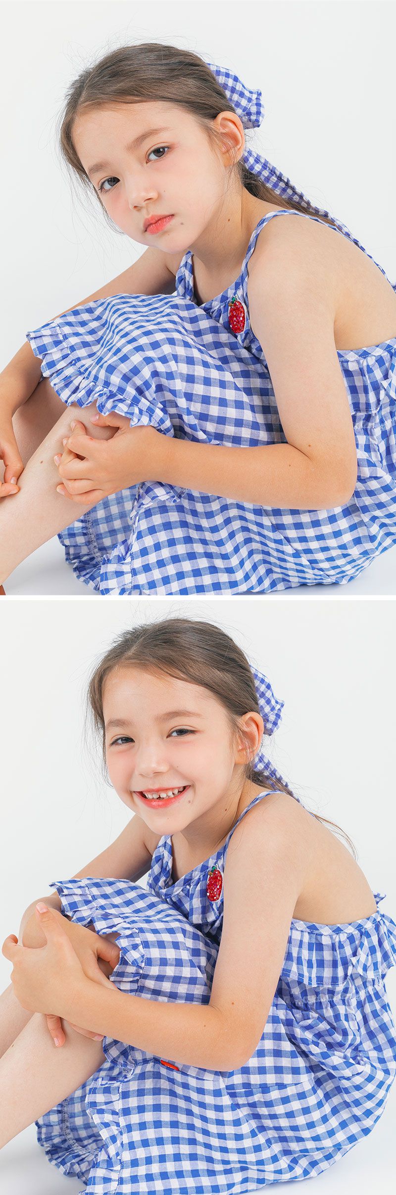 韓國 OZKIZ - 皺褶感格子細肩帶洋裝-藍