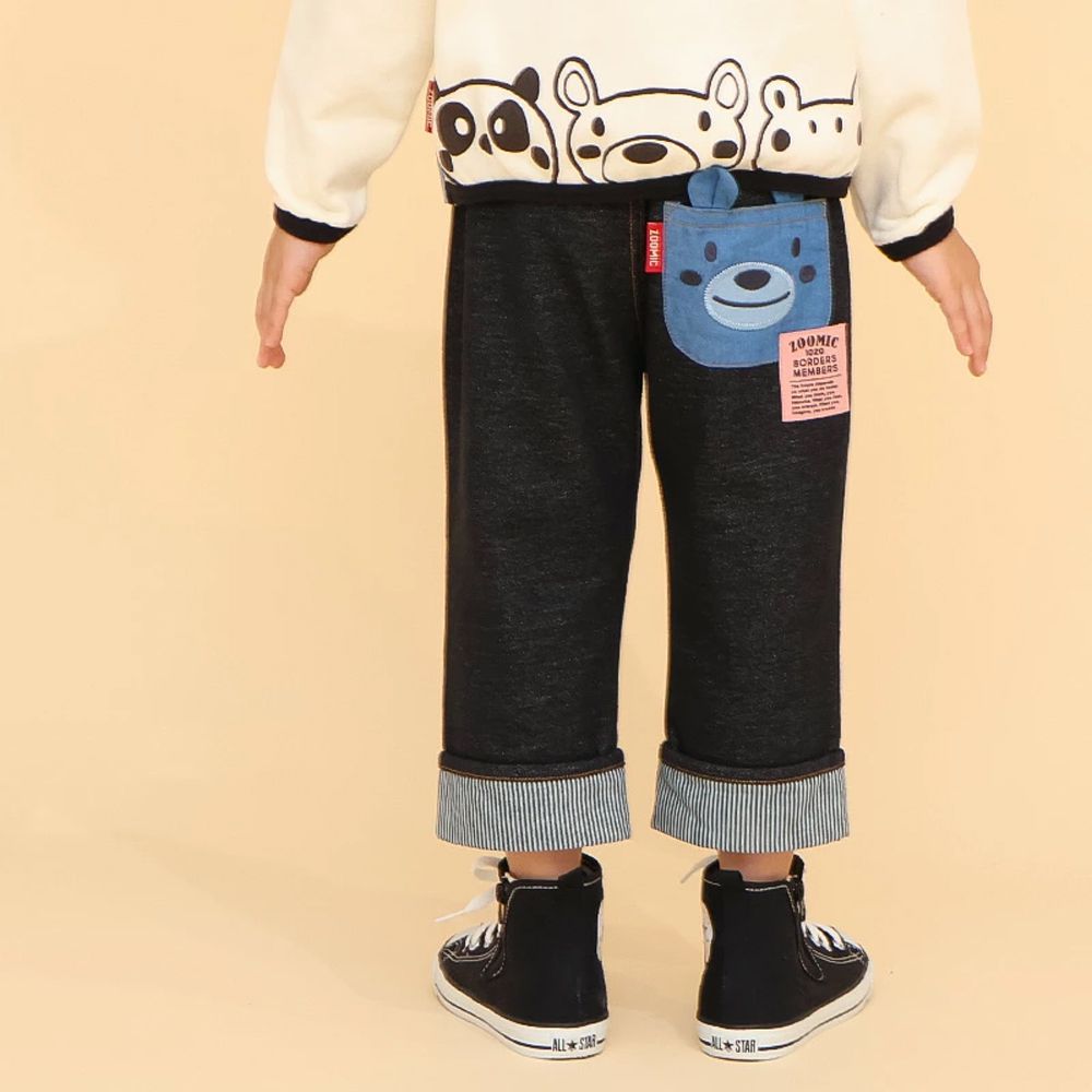 可愛熊口袋條紋反摺七分褲-小熊-黑