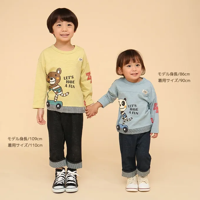 日本 ZOOLAND - 春季拼接風長袖上衣-滑板車小熊-水藍