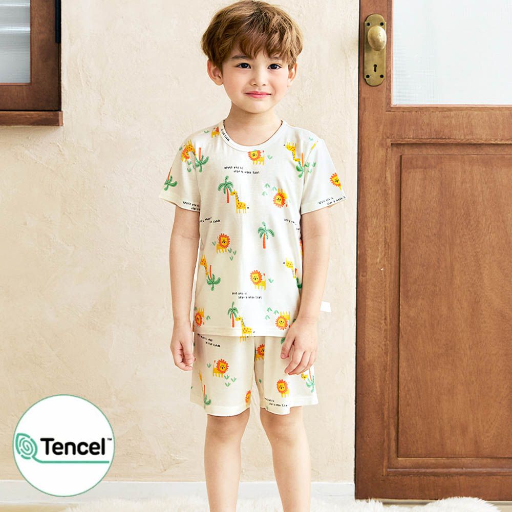 天絲莫代爾透氣短袖家居服-獅子X長頸鹿-米黃