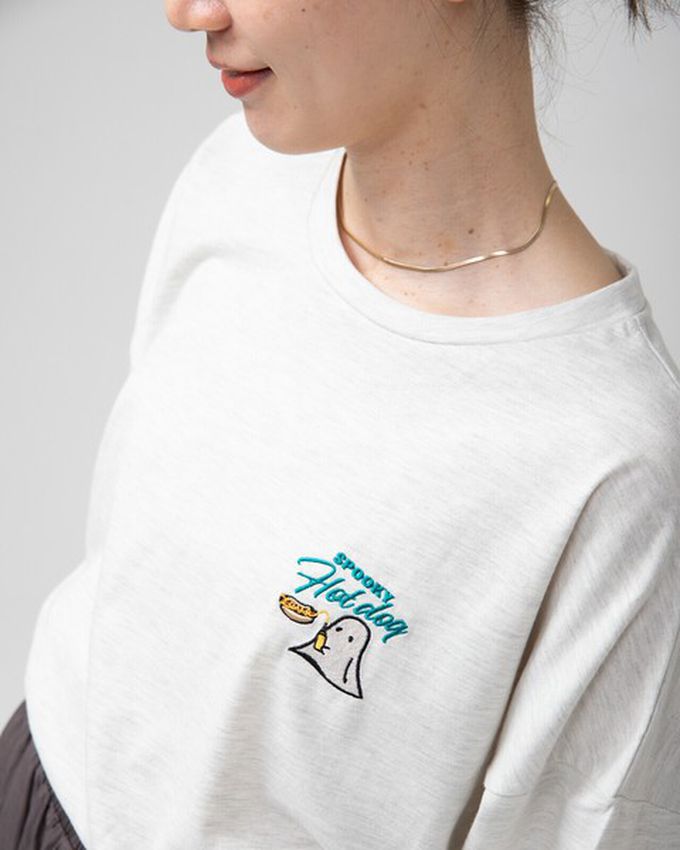 日本 gleam - 幽靈熱狗美式印花寬大風短袖T恤-燕麥灰