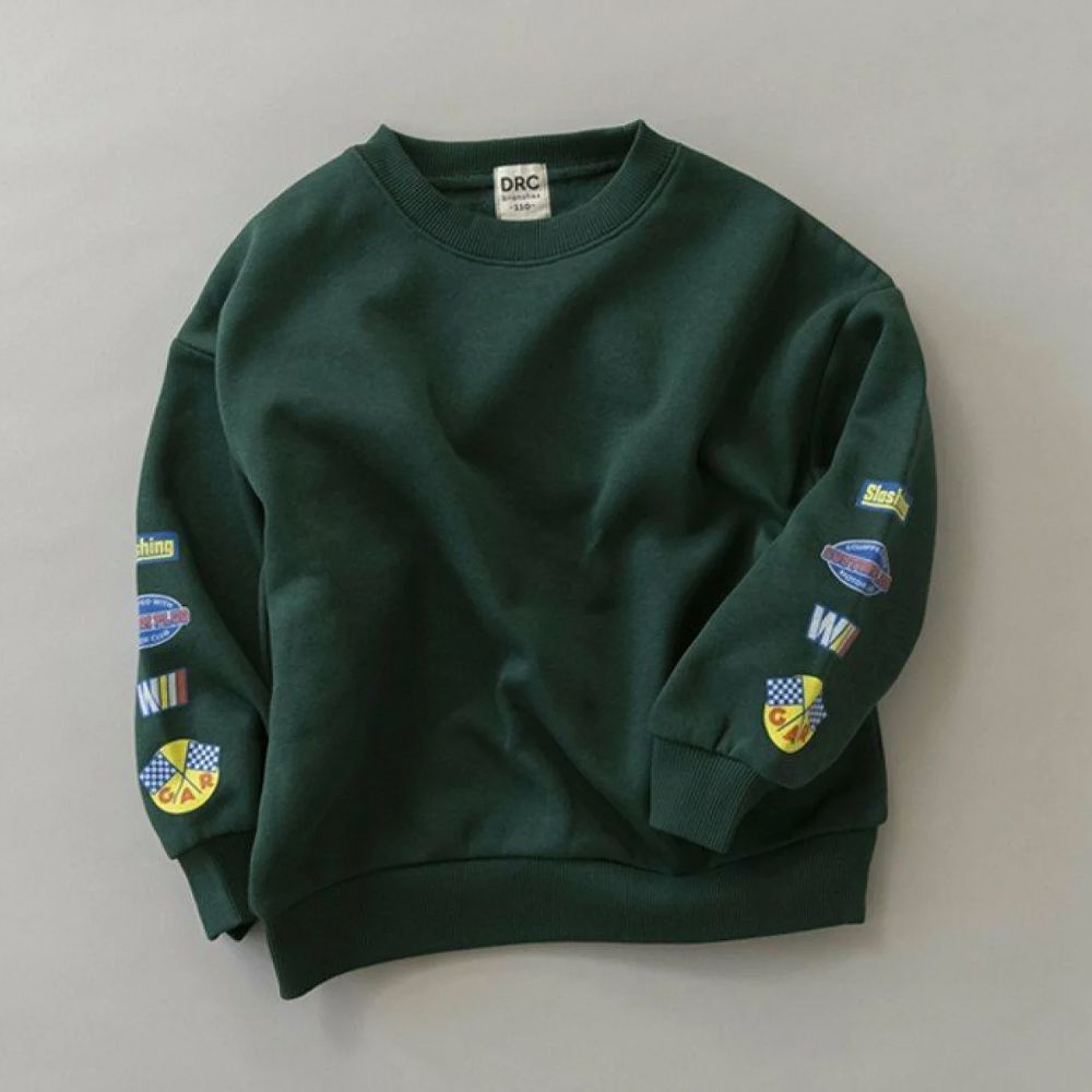 街頭塗鴉風裏起毛長袖上衣-袖徽章-濃綠