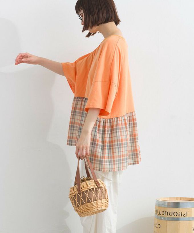 日本 Lupilien - 接觸涼感 可愛格紋休閒五分袖上衣-灰棕