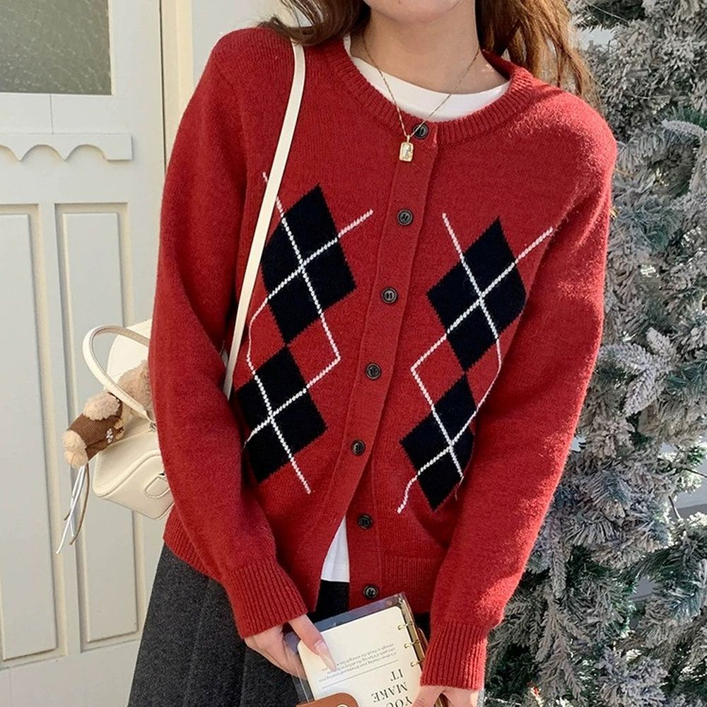 知性學院菱格單排扣針織外套-紅 (F)