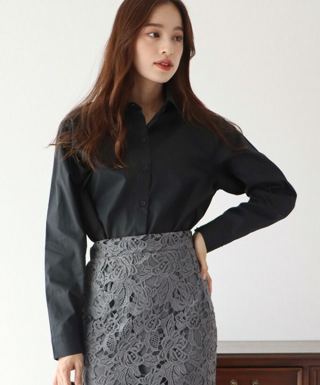 日本 BLUE EAST - 俐落短版翻領長袖襯衫-黑