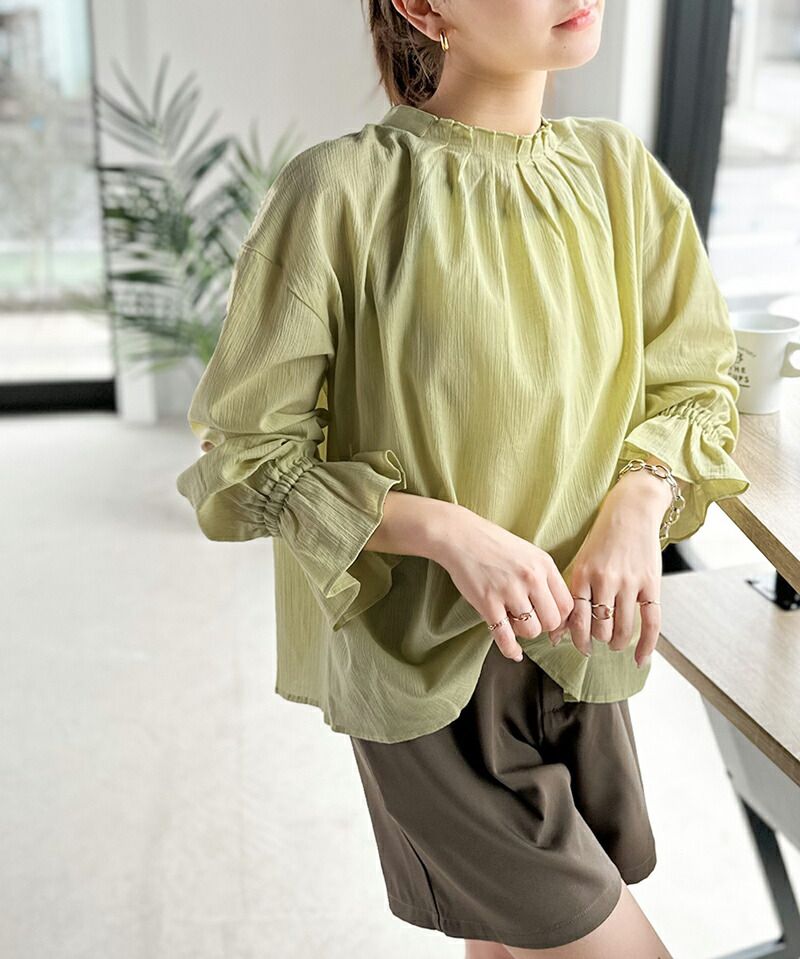 日本 Classical Elf - 慵懶2WAY皺縮木耳領長袖上衣-冰河藍