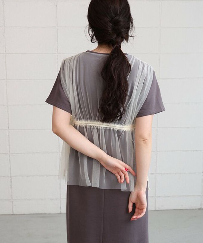 日本 Bab - 層次設計感薄紗拼接短袖洋裝-炭灰