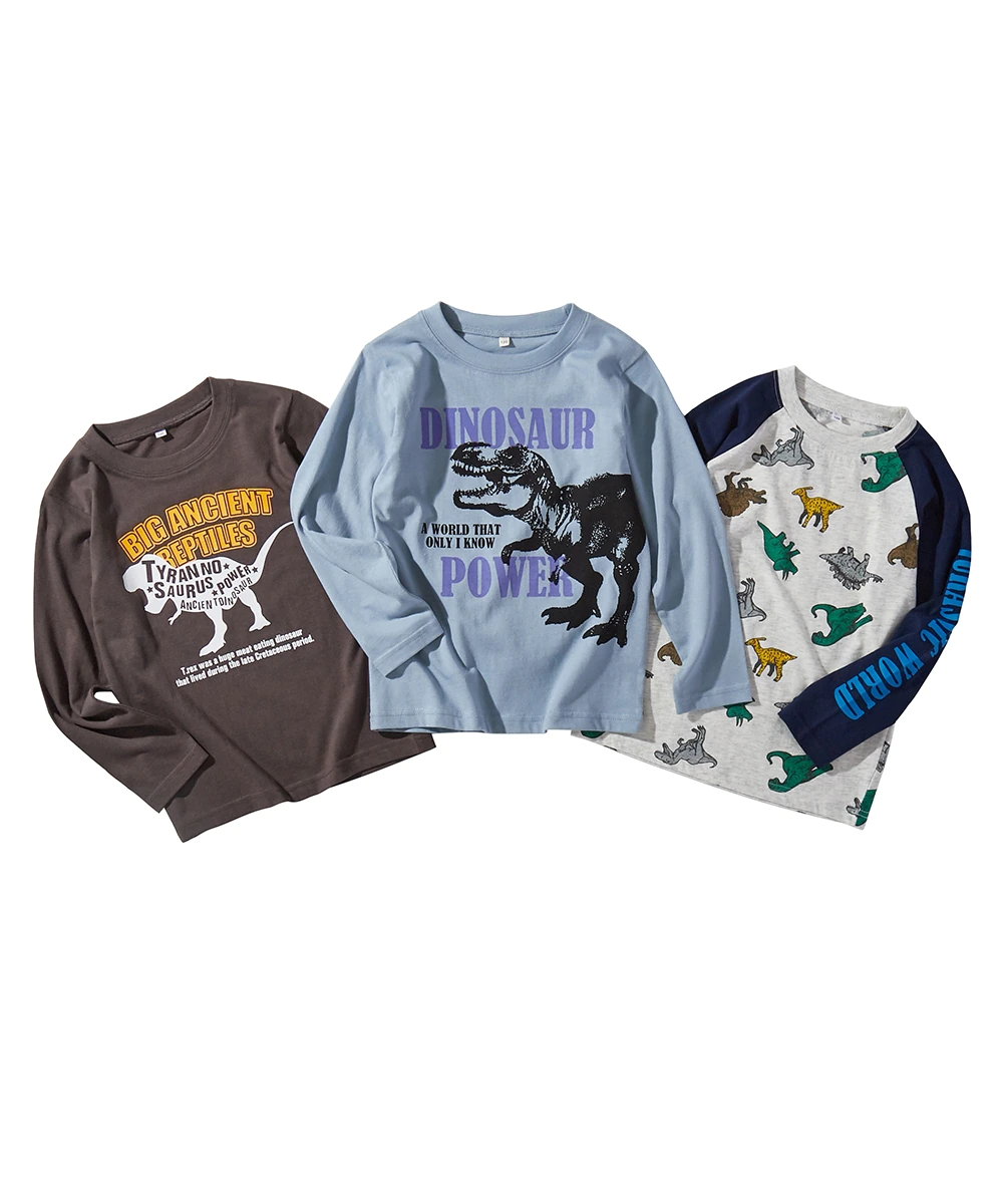 日本 Nissen - 純棉印花長T 超值三件組-恐龍-藍灰/深灰/燕麥