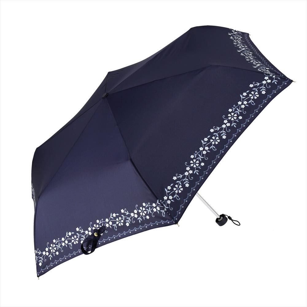 日本 nifty colors - 抗UV輕量 晴雨兩用折疊傘-浪漫花邊-深藍 (直徑98cm/191g)